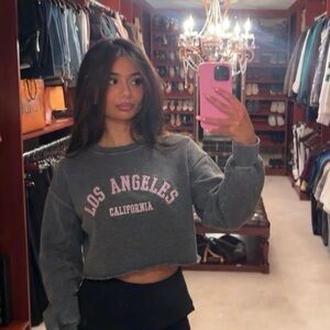 Women’s Garage cropped gray cropped sweatshirt w purple lettering sz medium